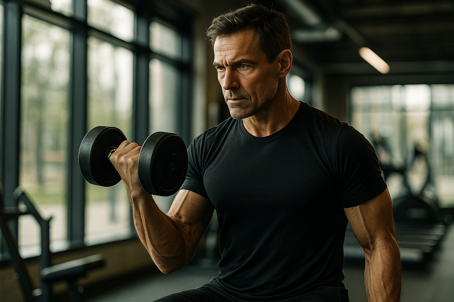 Man in his 40s strength training with dumbbells in a modern gym